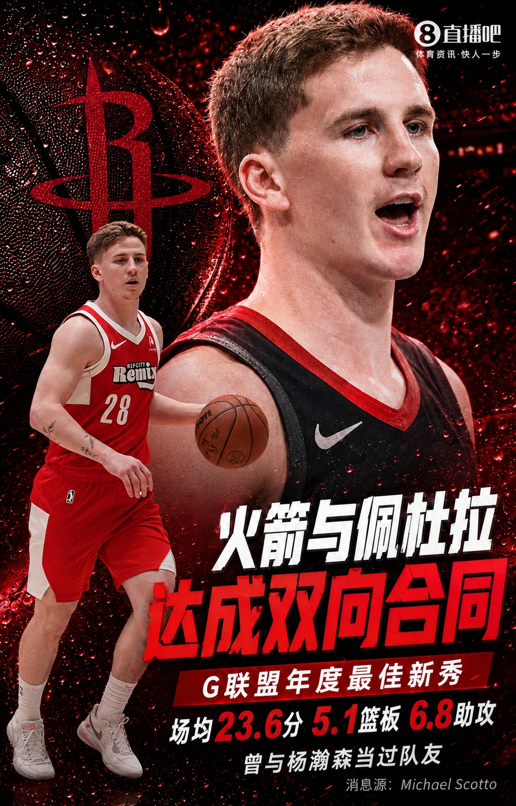 火箭双向合同签下杨瀚森前队友佩杜拉 G联盟场均23.6分
